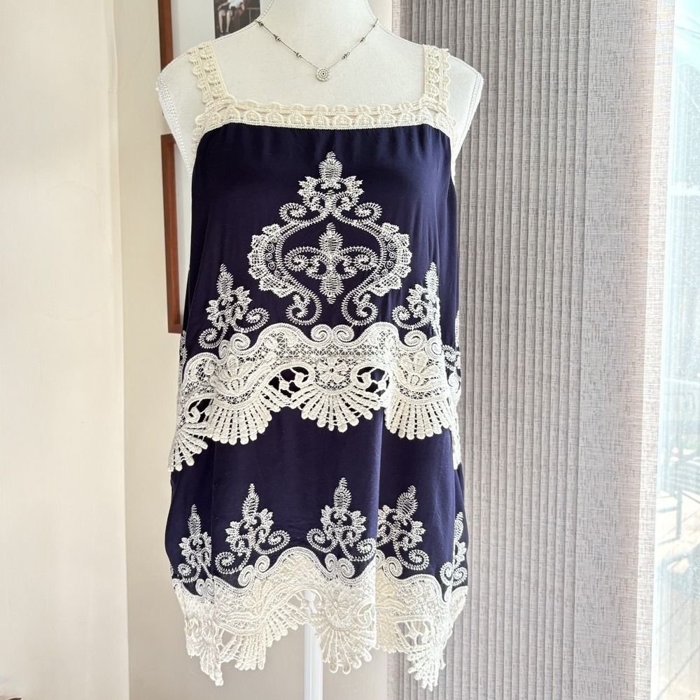 Scully Crochet Lace Tank Top Medium Navy White Boho Romantic Fairy Festival